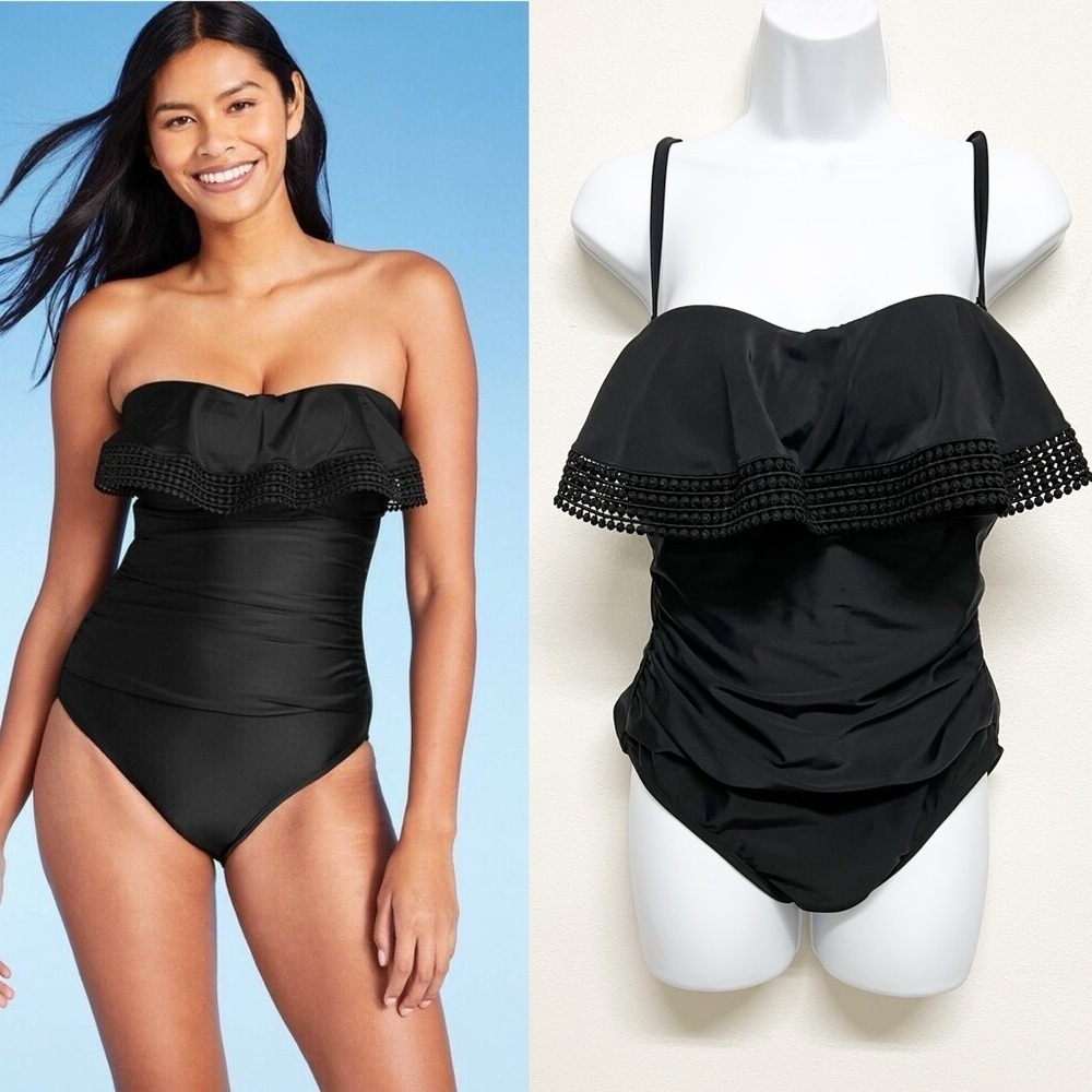 Kona Sol Womens Black Bandeau Crochet Flounce One Piece Swimsuit Size L